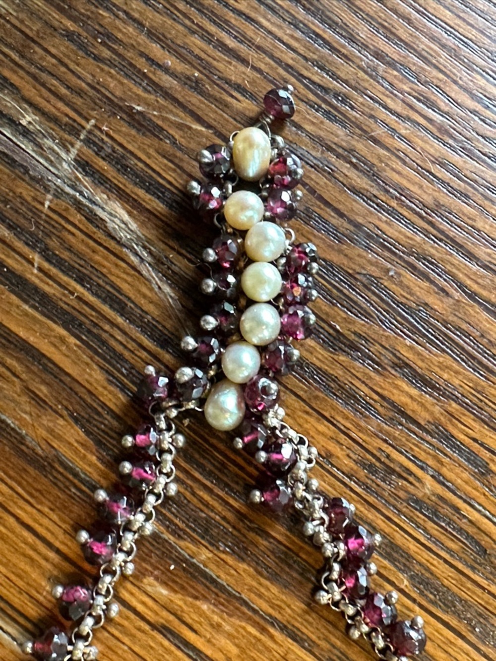 Silver Chain Necklace with Deep Pink garnet  Beads and pearls